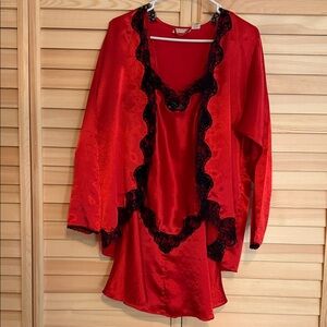 Victoria's Secret Red Pajama Set with Black Lace Trim